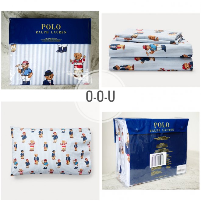 POLO RALPH LAUREN TEDDY BEAR STRIPE QUEEN SHEET SET