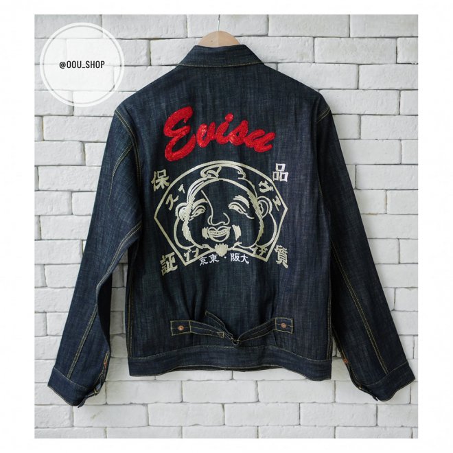 EVISU DENIM JACKET WITH HANDPAINTED SEAGULL AND SEQUIN GODHEAD
